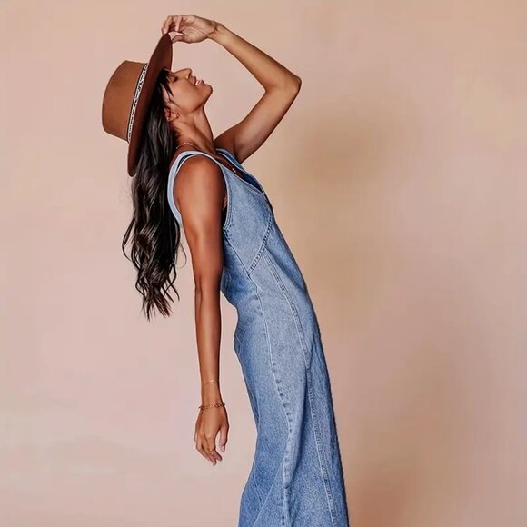 V-Neck Side Zip Denim Dress - Picture 6 of 6